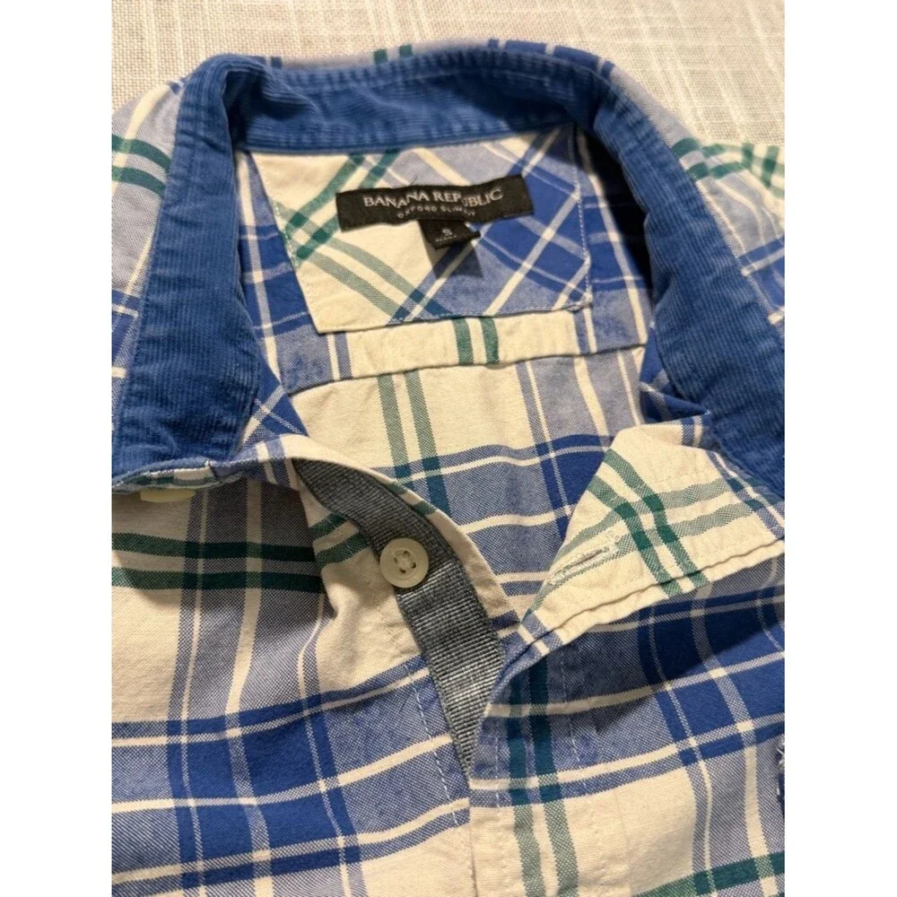 Banana Republic Plaid Button Down Shirt Blue Green Slim Fit Small
